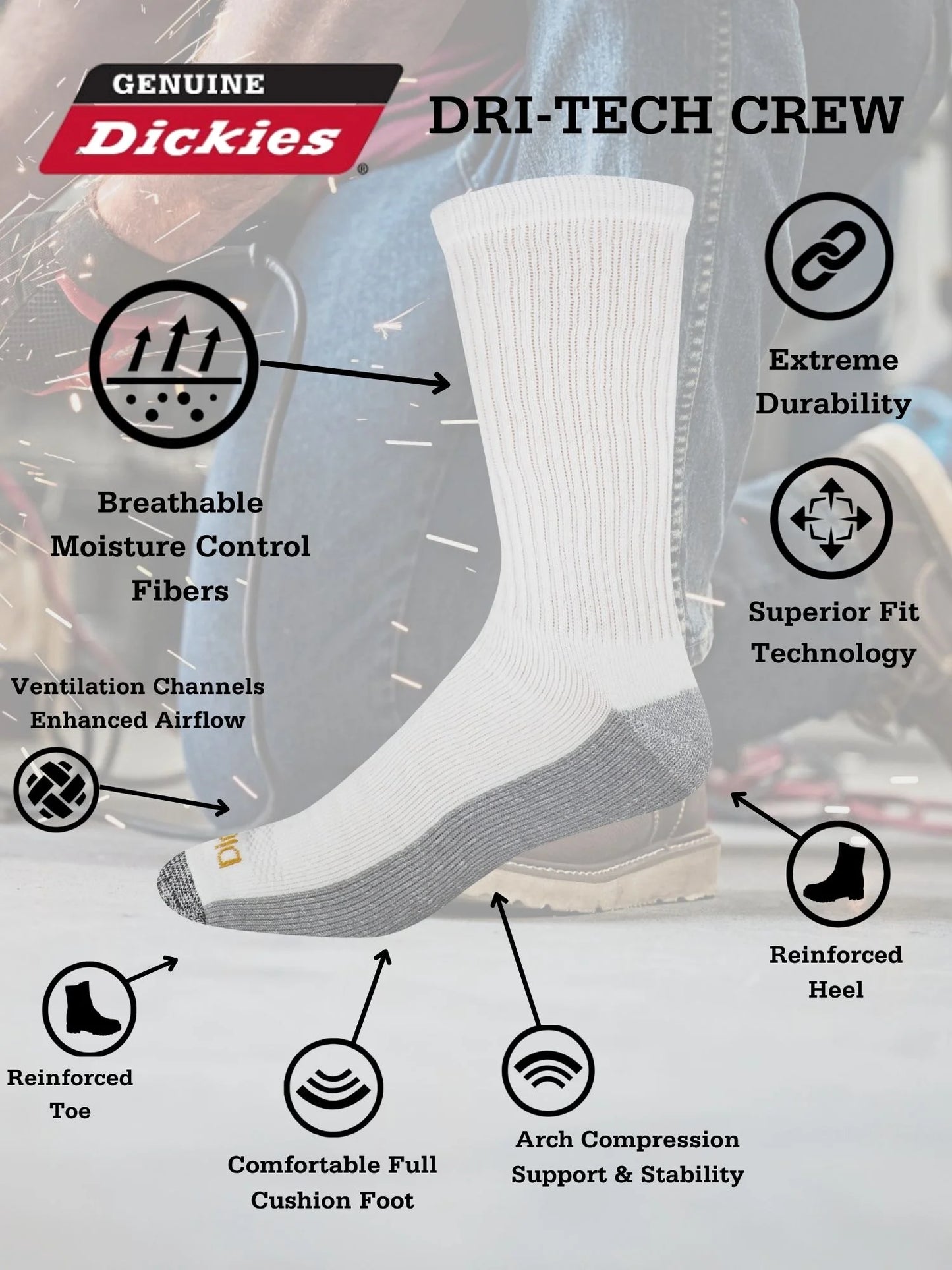 Dickies Men'S Dri-Tech Crew Sock, 6-Pack, White Size 12-15