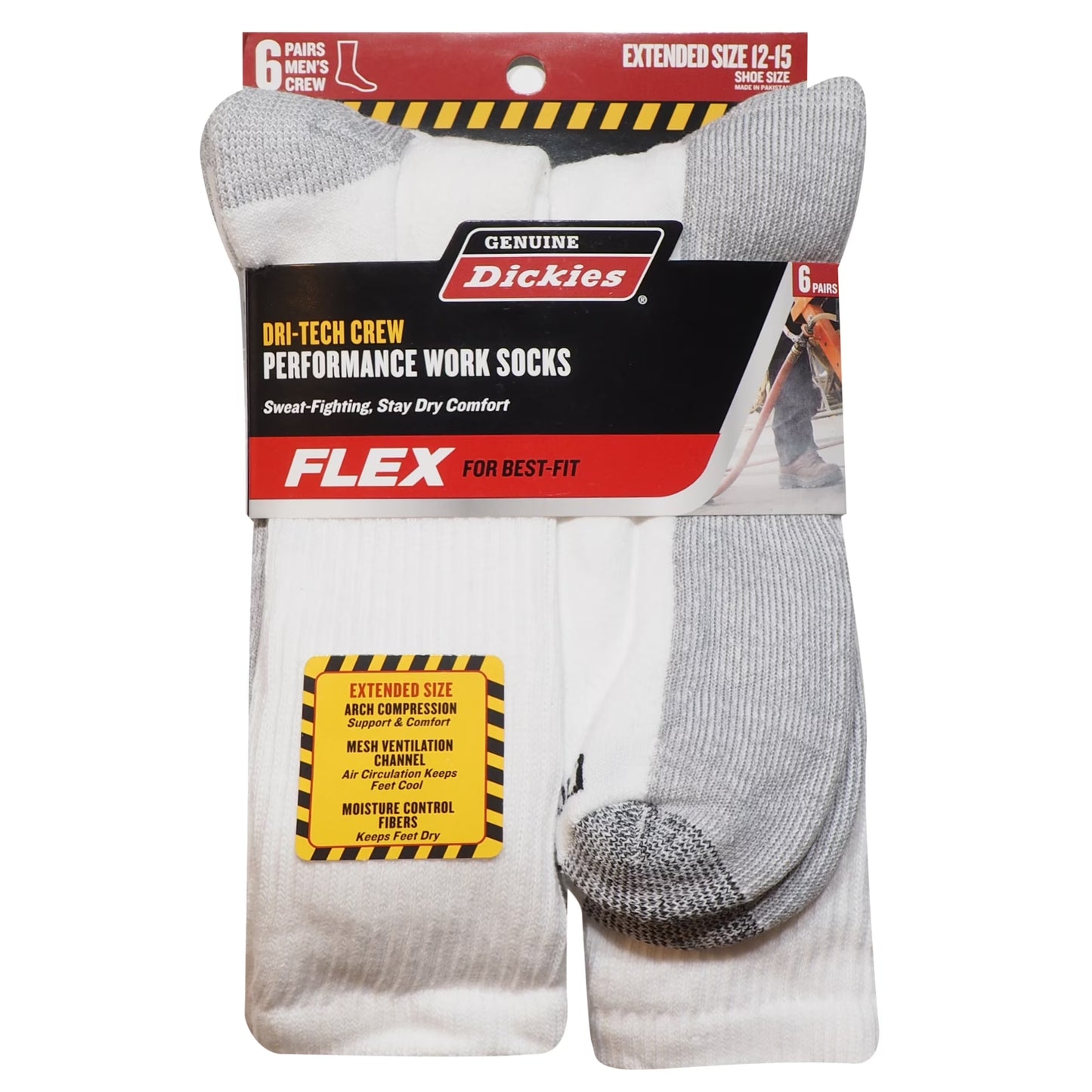 Dickies Men'S Dri-Tech Crew Sock, 6-Pack, White Size 12-15