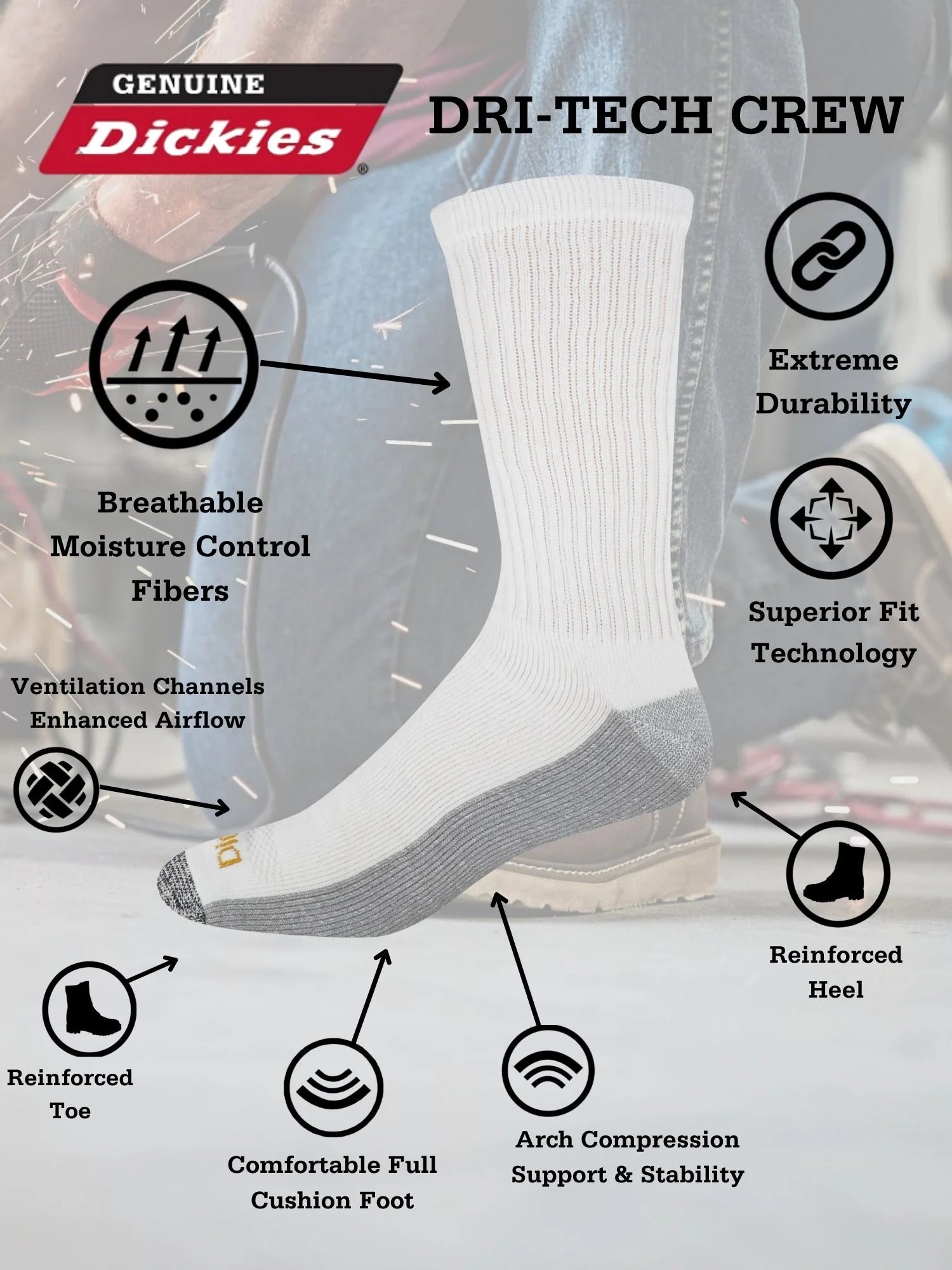 Dickies Men'S Dri-Tech Crew Sock, 6-Pack, White Size 12-15