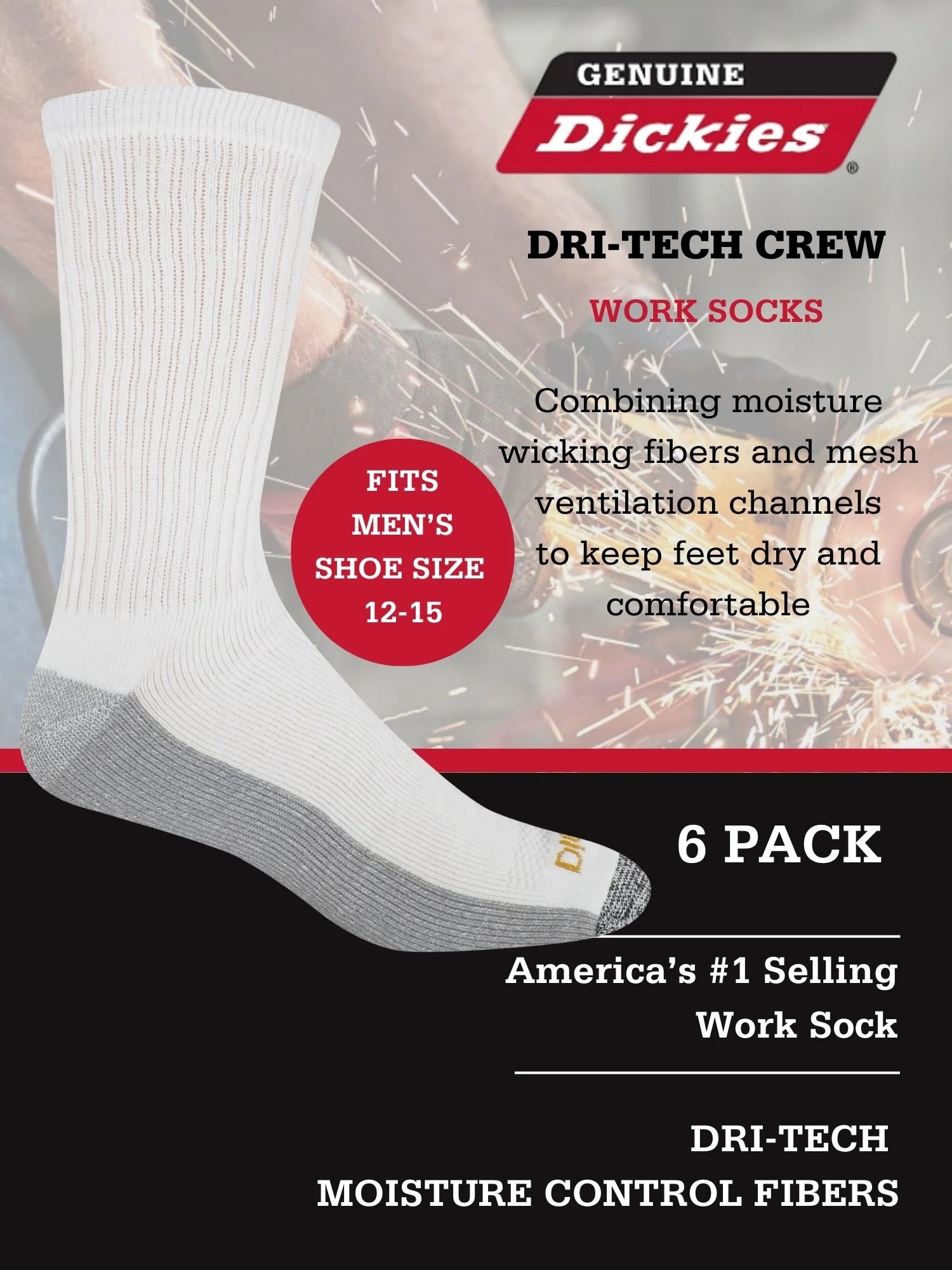 Dickies Men'S Dri-Tech Crew Sock, 6-Pack, White Size 12-15